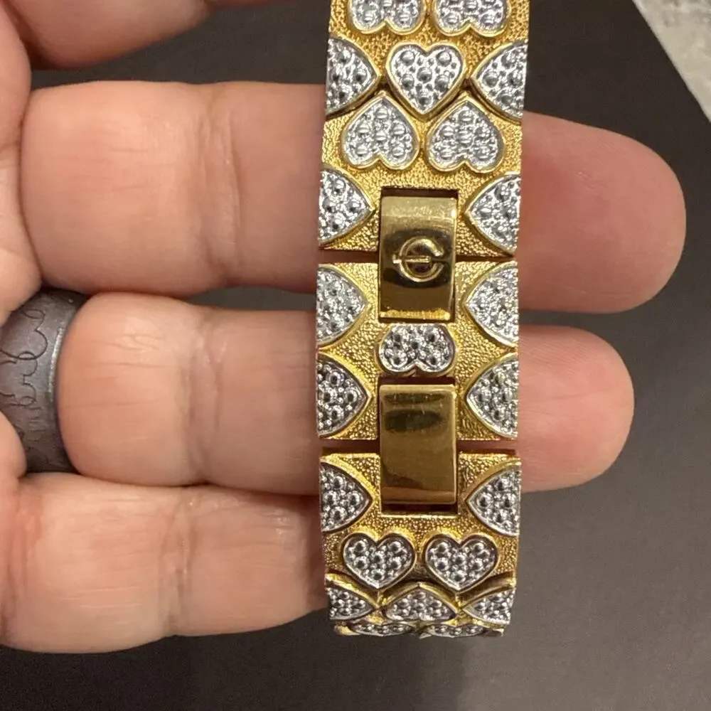 VTG Elgin Rhinestone Heart Bracelet Watch Gold Tone Cocktail w Box